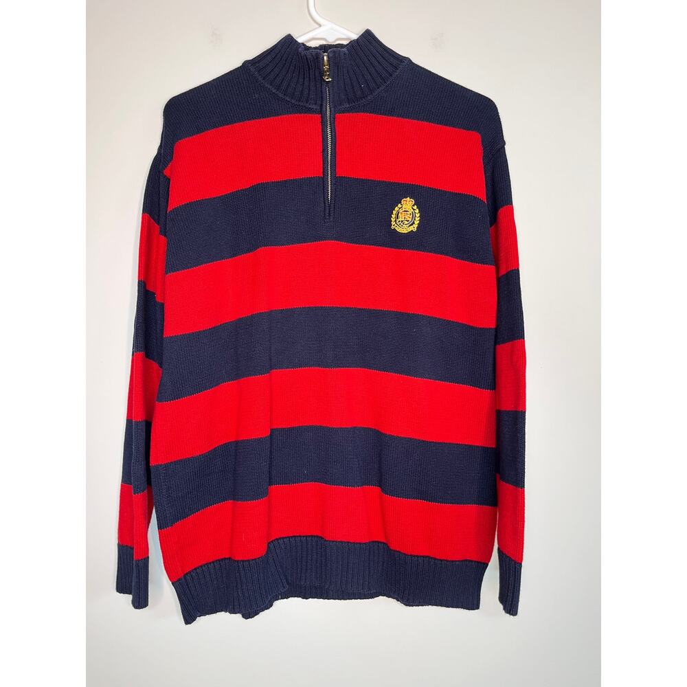 Lauren Ralph Lauren Red Navy Gold Rugby Stripe Old Money Crest Logo Sweater M